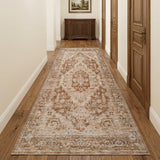 3' X 10' Sand And Brown Floral Medallion Runner Rug With Fringe