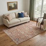 5' X 7' Brick Red And Gray Floral Medallion Area Rug With Fringe