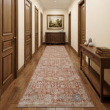 3' X 10' Brick Red And Gray Floral Medallion Runner Rug With Fringe