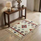 3' X 5' Beige Blue And Red Wool Abstract Geometric Handmade Area Rug With Fringe