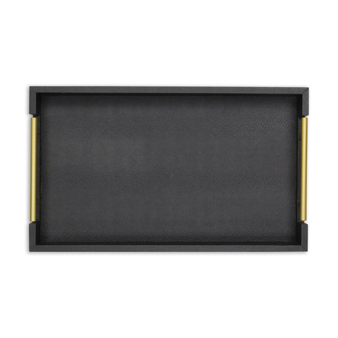 16" Black Wood Faux Shagreen Serving Tray With Handles