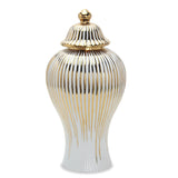 12" White and Gold Striped Urn Ceramic Ginger Jar