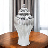 17" White and Silver Striped Urn Ceramic Ginger Jar