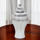 12" White and Silver Striped Urn Ceramic Ginger Jar