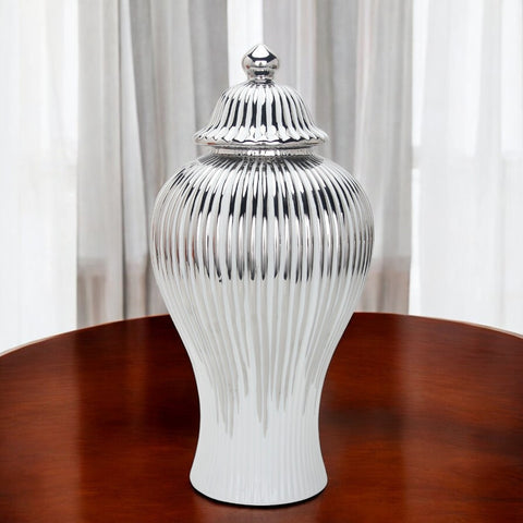 12" White and Silver Striped Urn Ceramic Ginger Jar