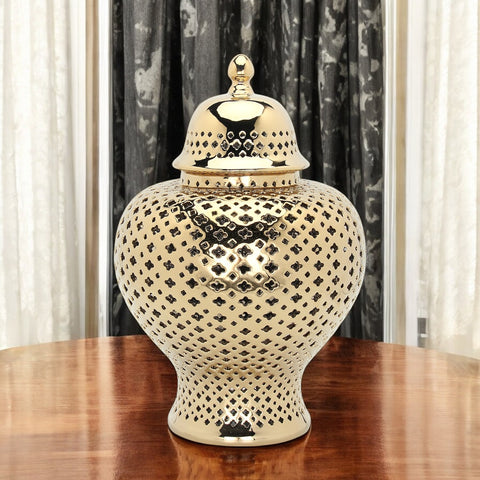 15" Gold Pierced Ceramic Round Ginger Jar