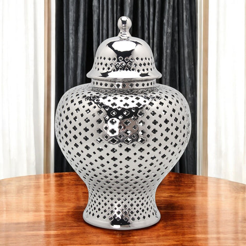 15" Silver Pierced Urn Ceramic Ginger Jar