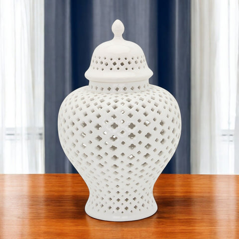 15" White Pierced Urn Ceramic Ginger Jar