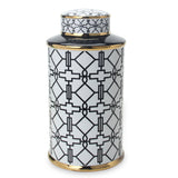 17" White Black and Gold Geometric Cylinder Ceramic Ginger Jar