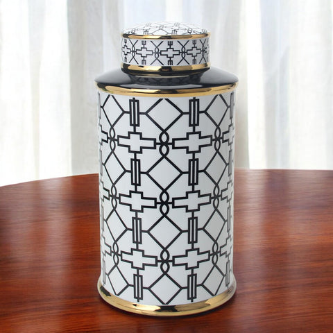 17" White Black and Gold Geometric Cylinder Ceramic Ginger Jar
