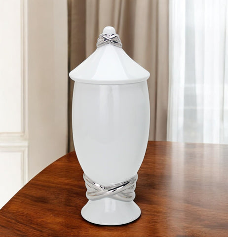 13" White and Silver Abstract Oval Ceramic Ginger Jar