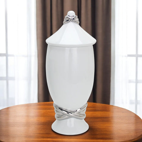 16" White and Silver Abstract Urn Ceramic Ginger Jar