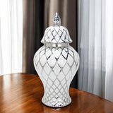 17" White and Silver Ceramic Geometric Round Ginger Jar