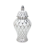 21" White and Silver Geometric Urn Ceramic Ginger Jar