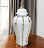 25" White and Gold Ceramic Abstract Oval Ginger Jar