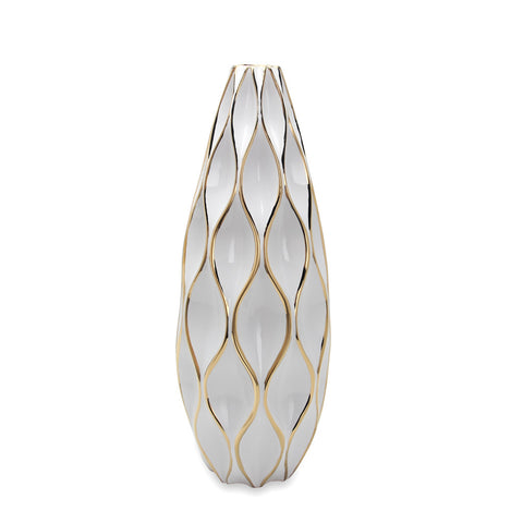 25" White and Gold Ceramic Geometric Wavy Table Vase