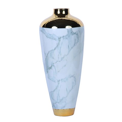 20" White Green and Gold Abstract Trumpet Ceramic Table Vase