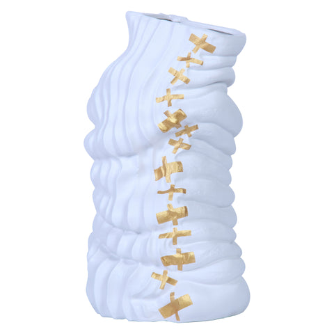 20" White and Gold Abstract Ceramic Table Vase With Sculptural Details