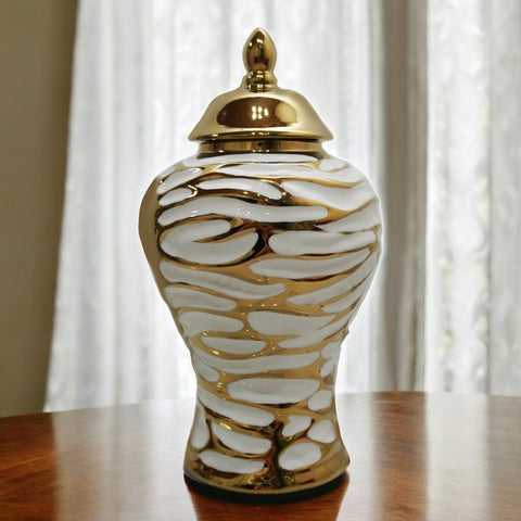 13" White and Gold Abstract Urn Ceramic Ginger Jar