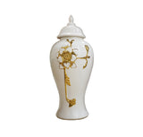 14" White and Gold Floral Urn Ceramic Ginger Jar With Sculptural Details
