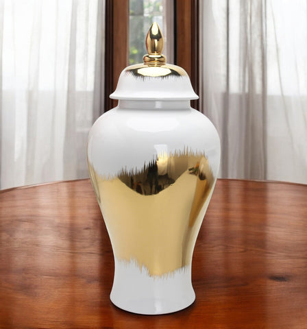 19" White and Gold Abstract Urn Ceramic Ginger Jar
