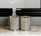 Two Piece Clear and Silver Glass and Metal Bling Bathroom Accessory Set