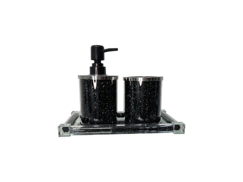 Three Piece Black Silver and Clear Glass Bling Bathroom Accessory Set