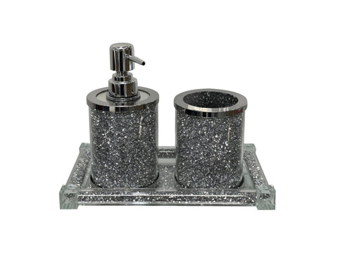 Three Piece Clear And Silver Glass Bling Bathroom Accessory Set
