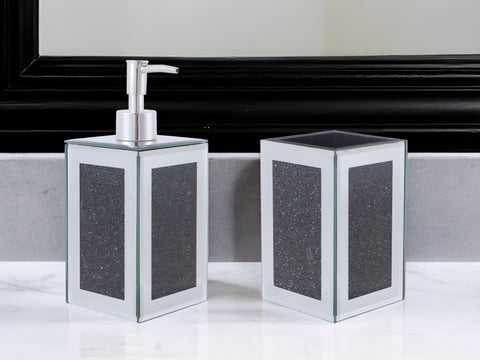 Two Piece Black Mirrored Glass Bling Bathroom Accessory Set