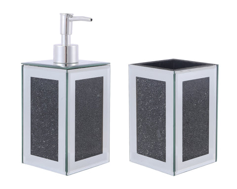 Two Piece Black Mirrored Glass Bling Bathroom Accessory Set