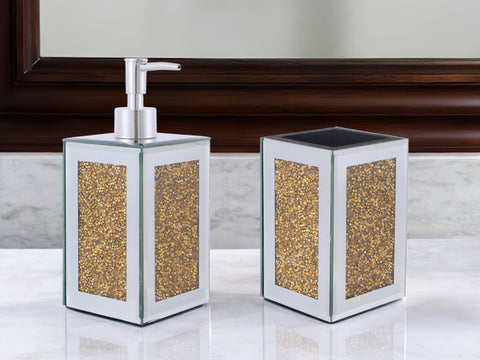 Two Piece Gold And Mirrored Glass Bling Bathroom Accessory Set