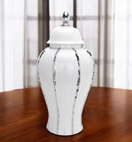 15" White And Silver Striped Urn Crystal Ginger Jar