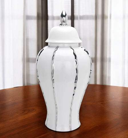 15" White And Silver Striped Urn Crystal Ginger Jar