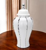 19" White And Silver Striped Urn Crystal Ginger Jar
