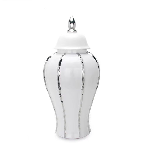 25" White And Silver Striped Urn Crystal Ginger Jar