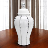 25" White And Silver Striped Urn Crystal Ginger Jar
