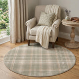 4' Ivory And Olive Green Plaid Round Rug