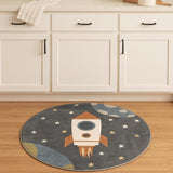 4' Sky Blue Black And Tan Round Rug