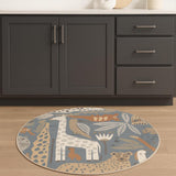 4' Ivory Blue And Brown Animal Print Round Rug