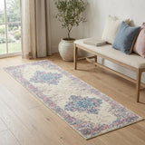 6' Ivory Pink and Blue Medallion Distressed Runner Rug