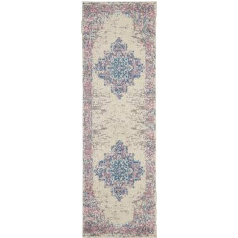 6' Ivory Pink and Blue Medallion Distressed Runner Rug