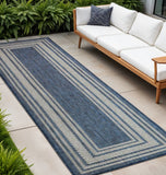8' Denim Blue And Ivory Geometric Indoor Outdoor Runner Rug