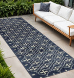 8' Ivory And Navy Blue Geometric Indoor Outdoor Runner Rug