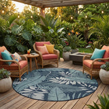 8' Navy Blue And Ivory Round Floral Indoor Outdoor Area Rug