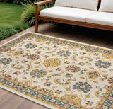 6' X 9' Ivory And Gold Floral Indoor Outdoor Area Rug
