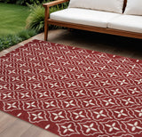 8' X 10' Brick Red And Ivory Geometric Indoor Outdoor Area Rug