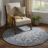 4' Blue Floral Power Loom Worn Faded Round Rug