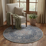 4' Blue Floral Power Loom Worn Faded Round Rug