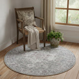 4' Gray Floral Power Loom Worn Faded Round Rug