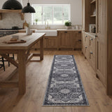 8' Gray Floral Power Loom Worn Faded Non Skid Runner Rug
